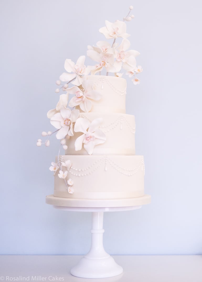 Orchids, Pearls and Drapes Wedding Cake