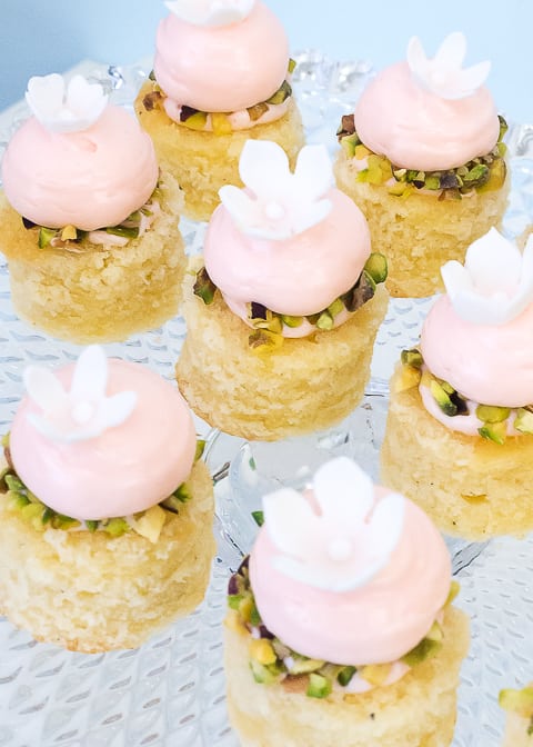 rose cardamom and pistachio cake canapés