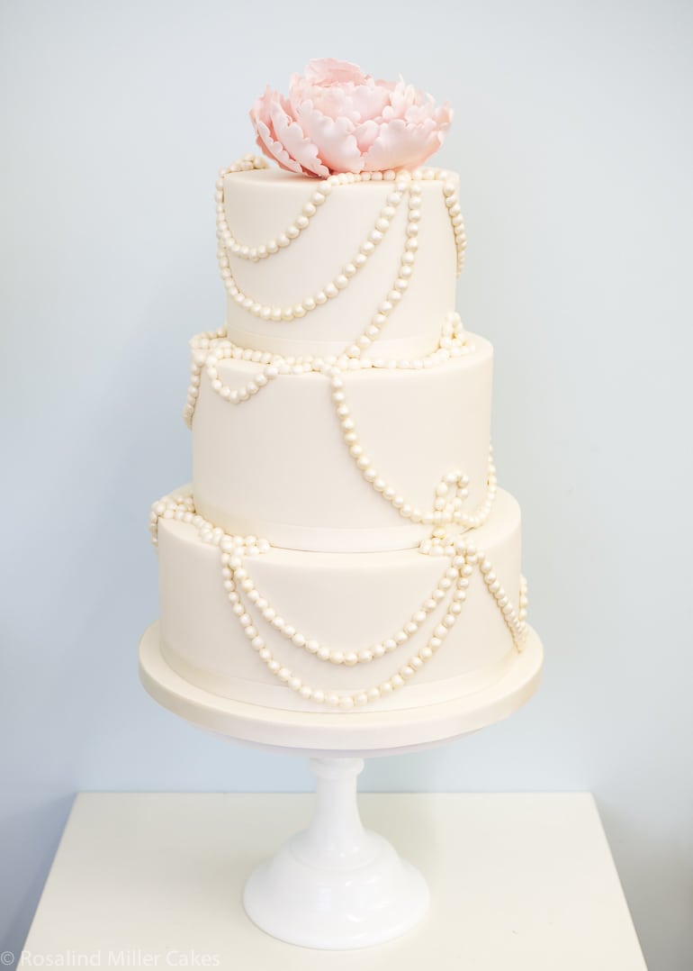 Draped Pearls and Peony Wedding Cake