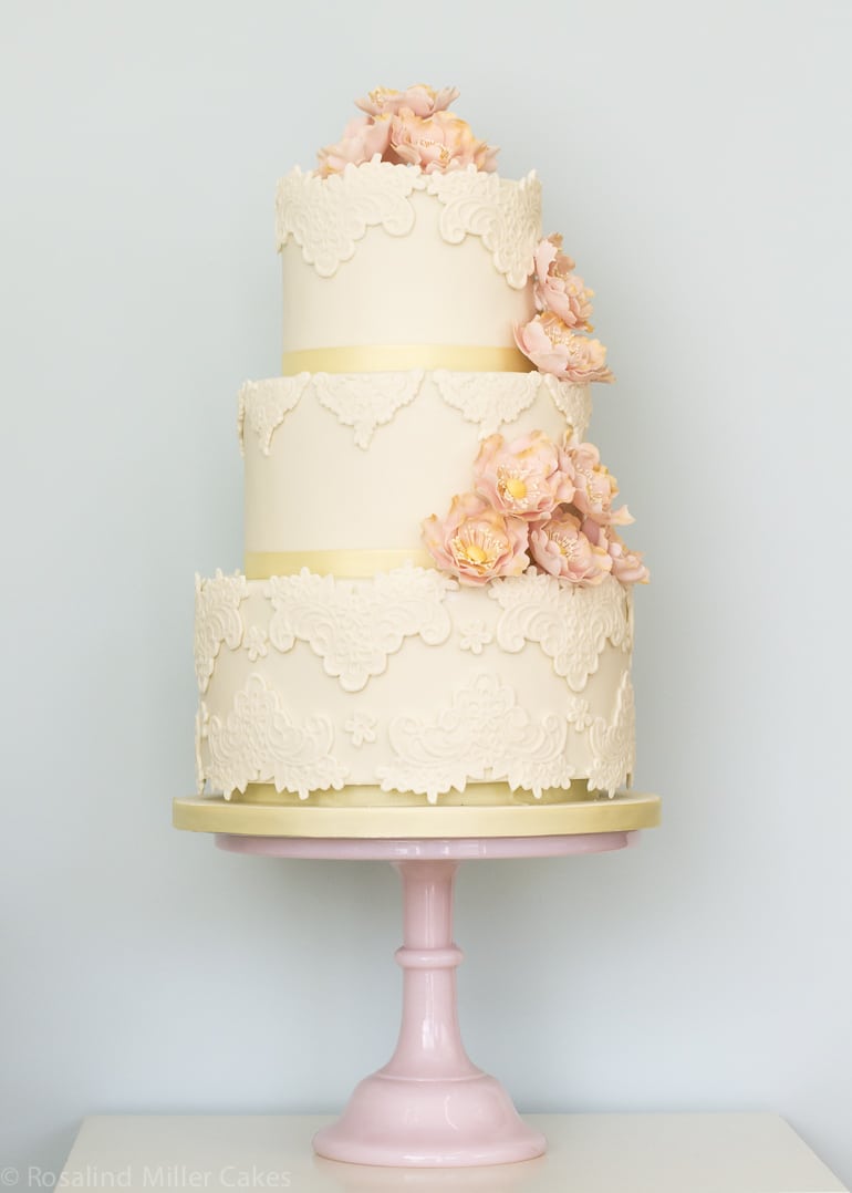 Ivory Vintage Lace and Open Roses Wedding Cake