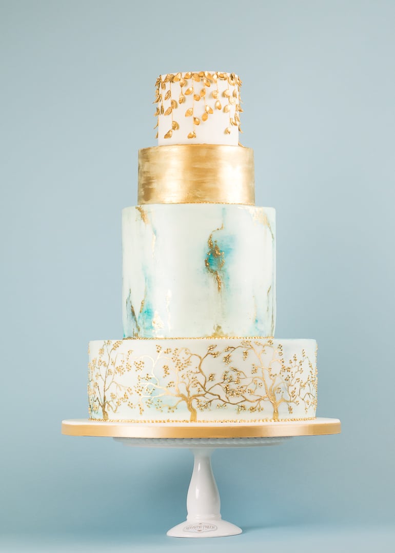 Blue and Gold Marbled Wedding Cake