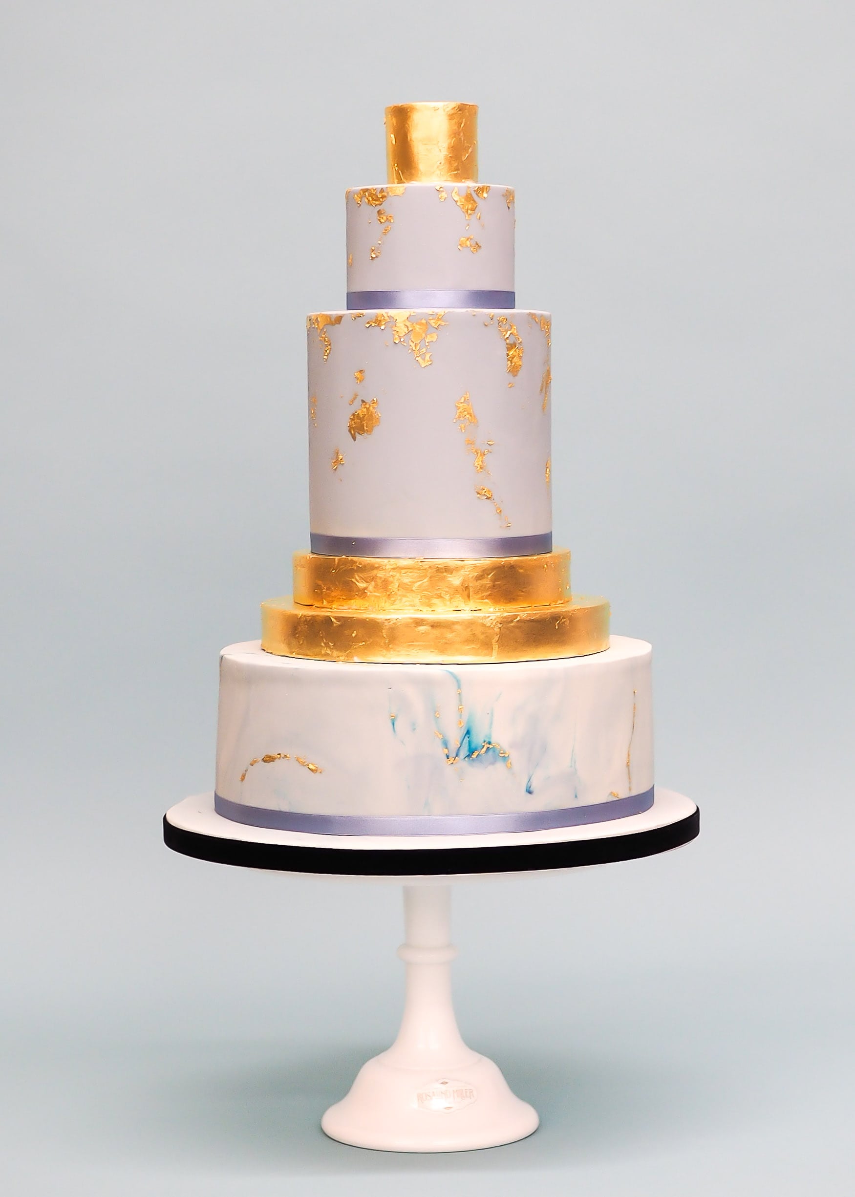 Blue and Gold Marbled with Gold Leaf Wedding Cake