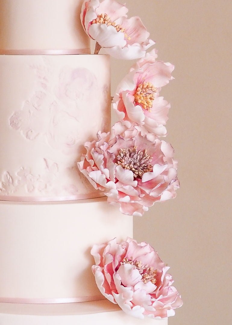 Floral Embossed Wedding Cake with Open Sugar Peonies