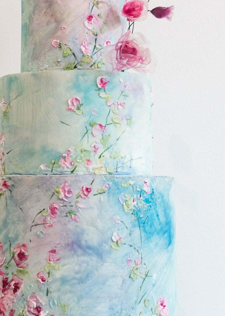 Windswept Blossoms Wedding Cake with Painted Flowers