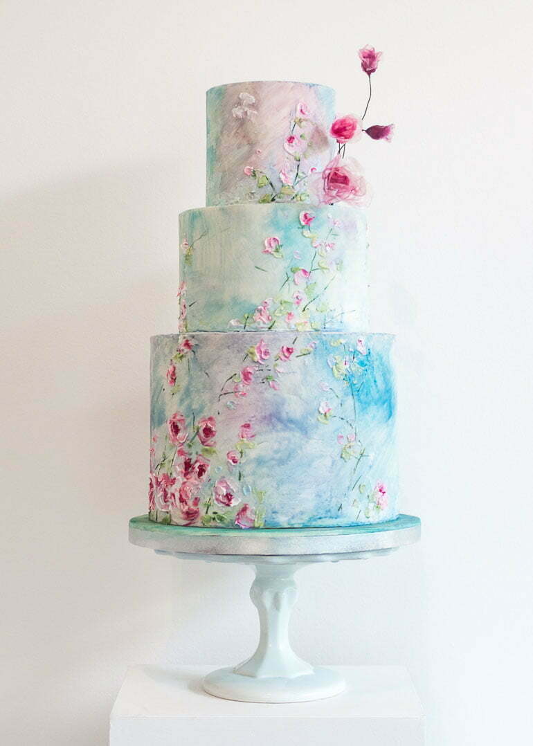 Windswept Blossoms Wedding Cake with Painted Flowers