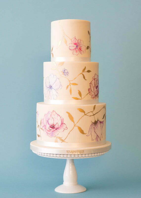 Painted Floral Trio Wedding Cake by Rosalind Miller Cakes