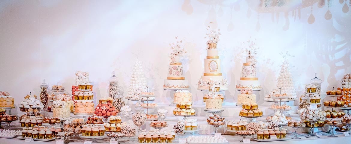 Peach and Cream Dessert Table with Cupcakes, Macarons, Meringues, Cookies and Tiered Cakes with Peach Sugar Flowers and Butterflies for a Royal Wedding in Qatar, by Rosalind Miller Cakes, London